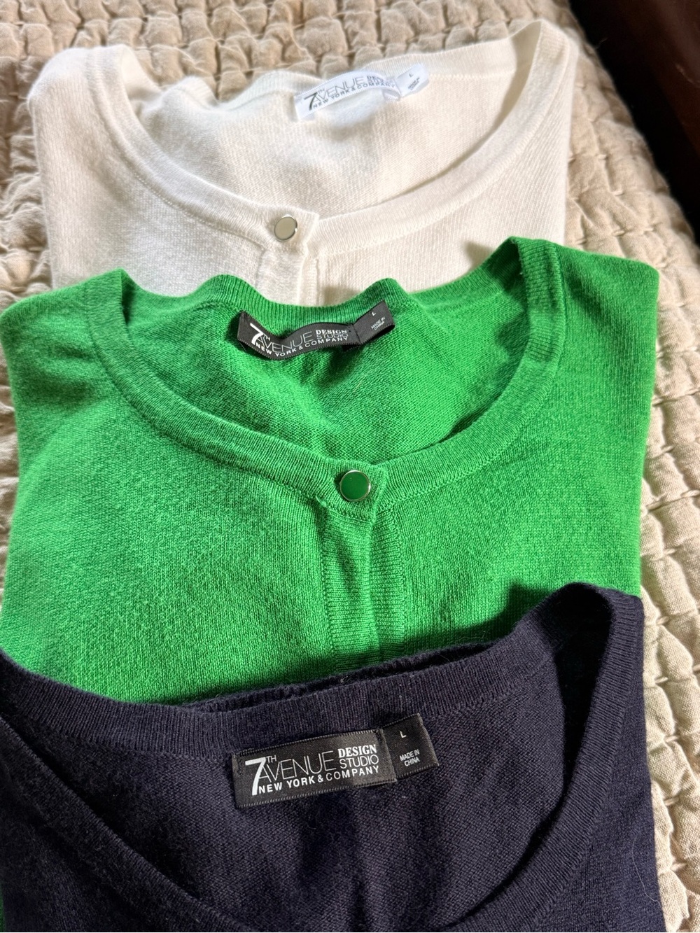 7th Avenue NY&CO Short-Sleeve Button Cardigan Bundle of 3 - Navy, Green, White.